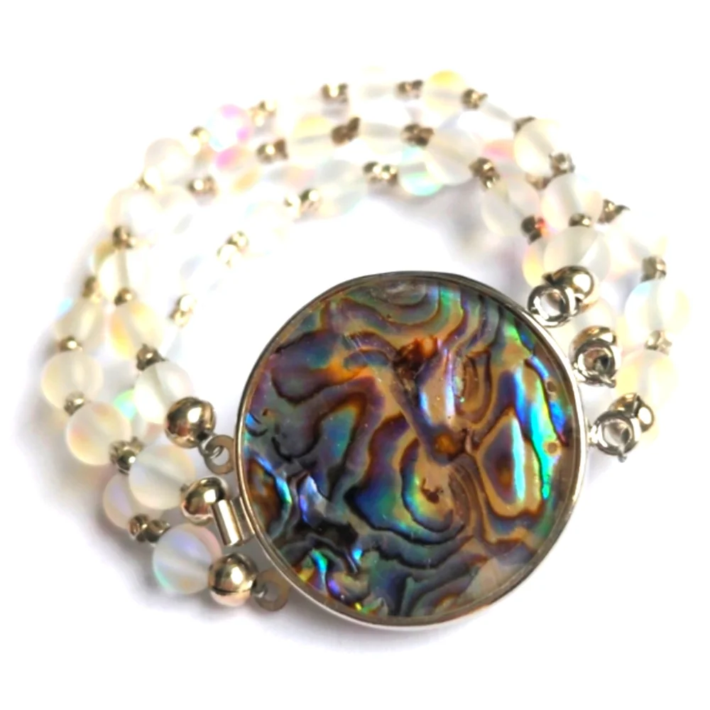 Abalone & Iridescent Mermaid  Quartz Beaded Bracelet. 3 Strand. Silverplate, New